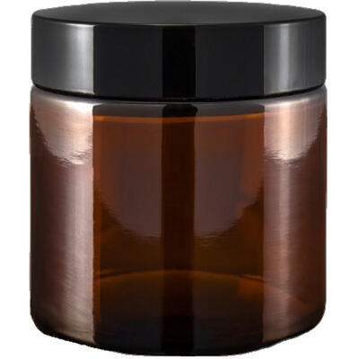 Skleněný kelímek S0208 hnědé sklo 100ml,  černé Víčko + PP mezivíčko