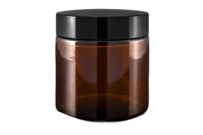 Skleněný kelímek S0208 hnědé sklo 100ml,  černé Víčko + PP mezivíčko